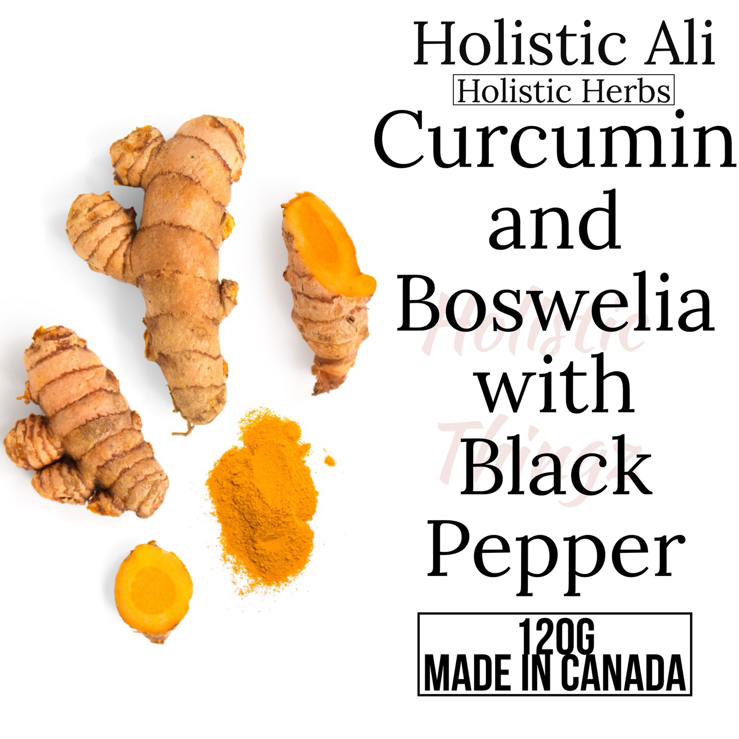 Holistic Ali 95% Curcumin + Boswellia with black pepper. An anti-inflammatory and pain relief formula for joint support and enhanced absorption. May improve overall mobility, vitality, and improve cognitive function.