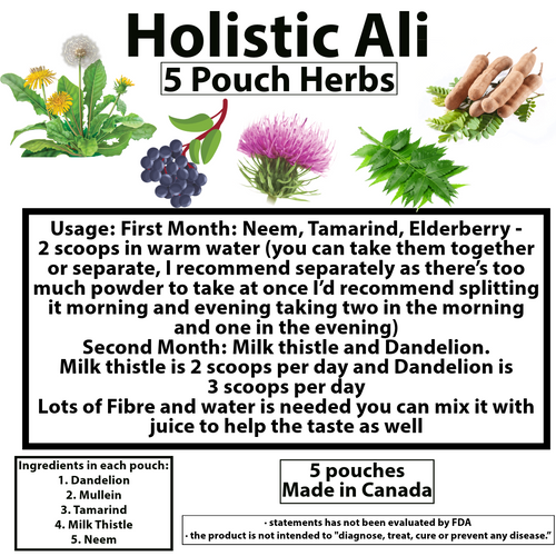 5 Pouch Herbs Blend – A natural herbal supplement with Milk Thistle, Dandelion, Tamarind, Neem, and Elderberry. Supports detox, liver health, digestion, and immune function.