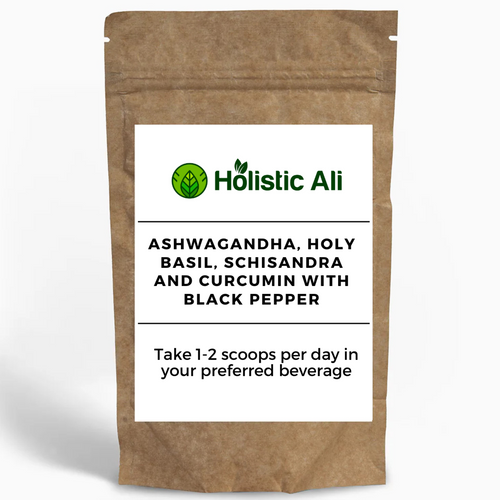 Ashwagandha, Holy Basil, Schisandra, and Curcumin with Black Pepper – A natural adaptogen blend that may help with stress relief, immune support, mental clarity, and inflammation management. Available in 60g and 120g sizes.