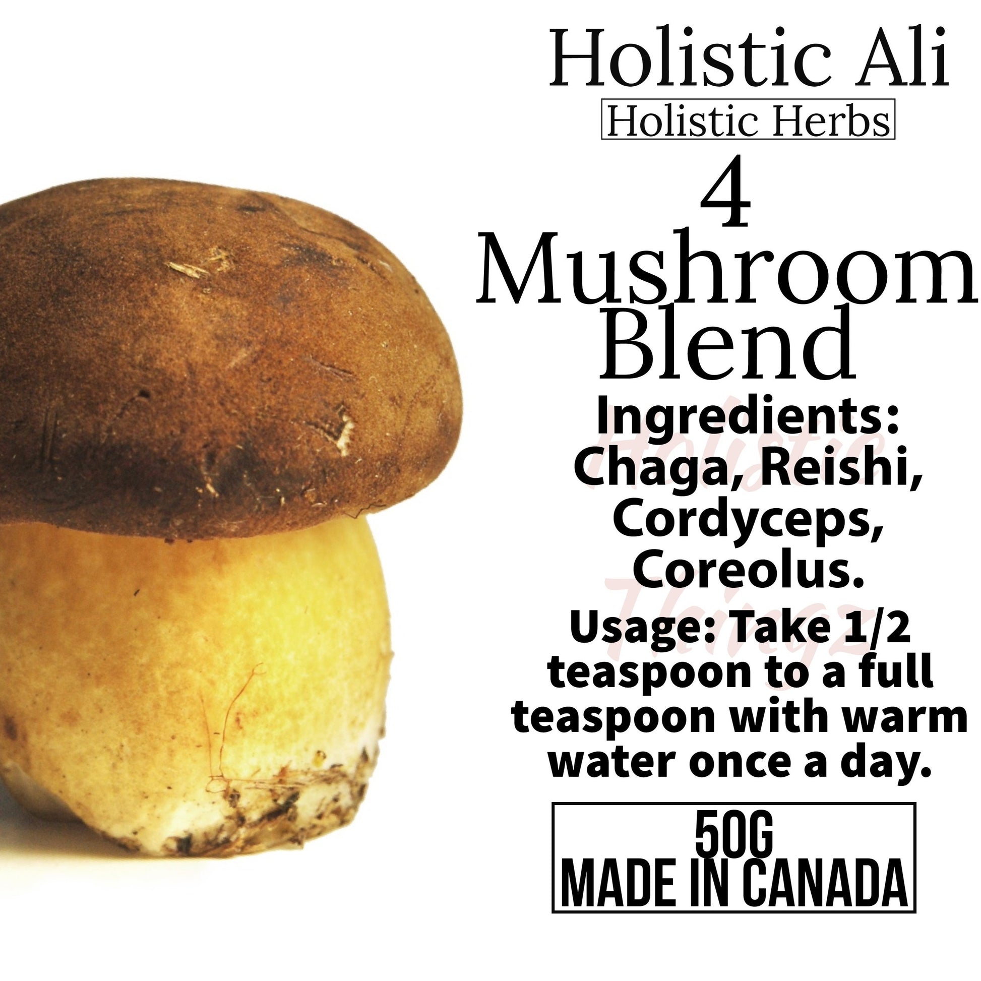 4 Mushroom Blend Powder, 50g – Organic supplement with Chaga, Reishi, Turkey Tail, and Cordyceps to support immunity, energy, and overall wellness. Perfect for daily use.
