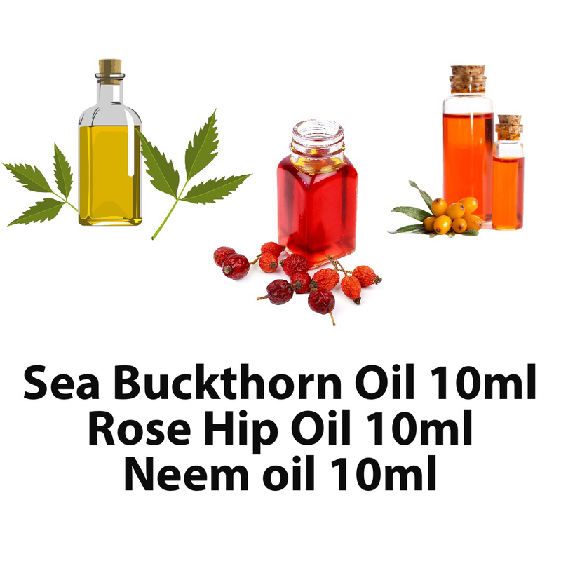 3 pack Samplers Skin Oils, 10ml Sea Buckthorn, 10ml Neem, 10ml Rosehip Oil